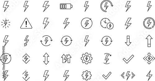 Large set of black outline lightning bolt icons and energy symbols including power charging battery status refresh arrows and electric warning signs