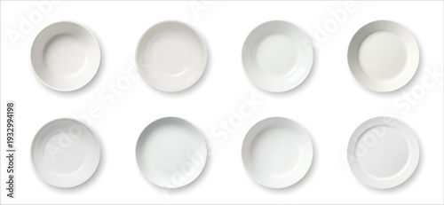  Set of empty white ceramic plates isolated on white background. Realistic 3d vector mockup.