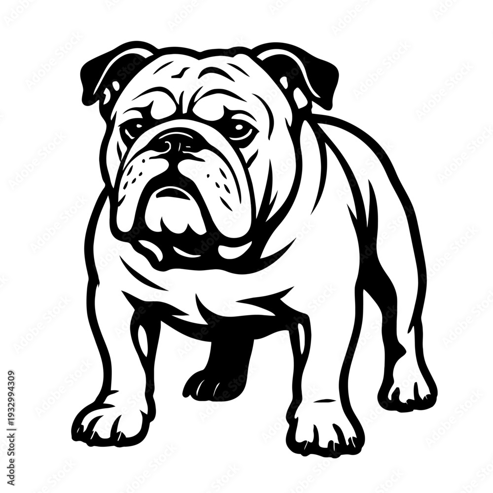 Fototapeta premium Majestic English Bulldog Illustration: A Stunning Black and White Vector Art Depicting the Noble Canine Breed, Perfect for Animal Lovers, Dog Owners, and Graphic Designers Seeking a Powerful and Iconi