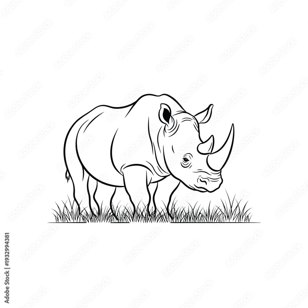 Fototapeta premium Drawing of rhinoceros standing in grass showing wildlife and nature scene