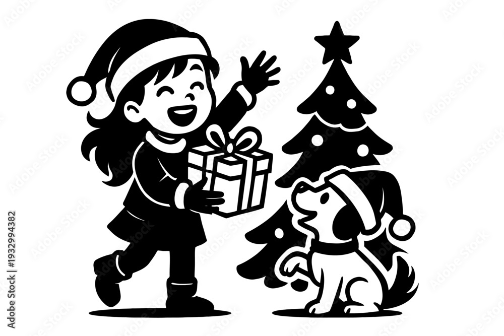 Naklejka premium Joyful girl in Santa hat holds Christmas gift, by decorated tree with star, as cute dog in Santa hat watches. B&W vector art embodies holiday spirit, gift-giving, festive friendship, perfect for seaso