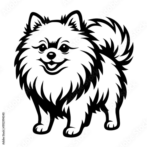 Black and white vector illustration of a happy, fluffy Pomeranian dog, a cute cartoon puppy with a joyful smile and expressive eyes. Ideal for pet designs, logos, and charming animal graphics, perfect