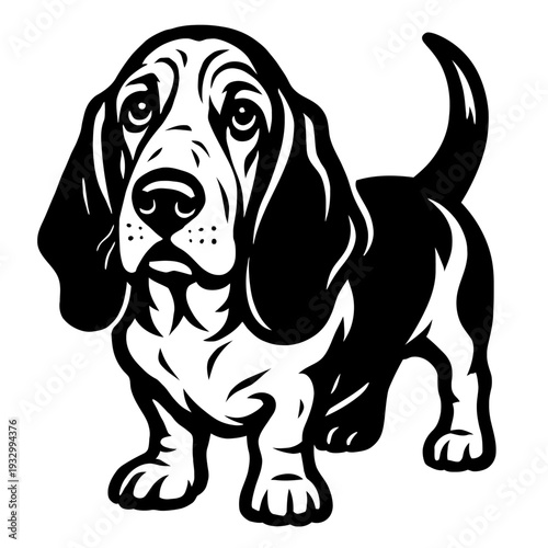 Charming Basset Hound Dog Vector Art Illustration: Adorable Black and White Canine Design with Droopy Ears, Expressive Eyes, and Playful Tail. Perfect for Pet Lovers, Logos, Apparel, Home Decor, and D