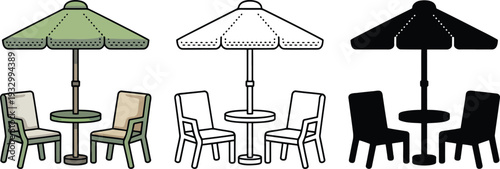 Cafe chairs with umbrella silhouette & Outline and illustration set isolated on transparent background