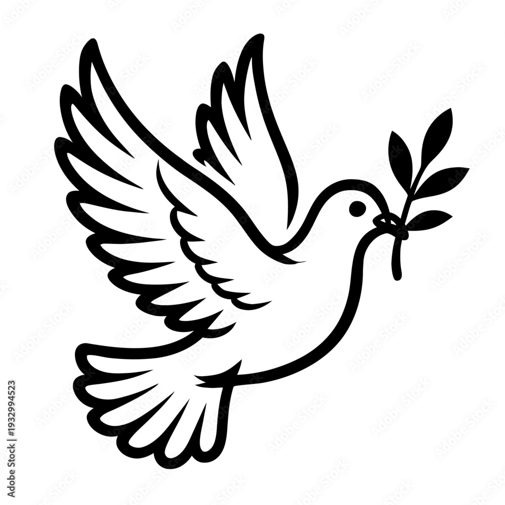 Obraz premium Iconic black outline art featuring a symbolic white peace dove in graceful flight, carrying an olive branch, embodying hope, tranquility, and global peace. Perfect for spiritual, religious, and unity