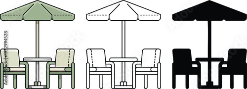 Cafe chairs with umbrella silhouette & Outline and illustration set isolated on transparent background
