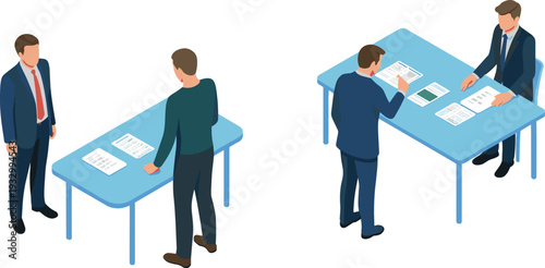 Isometric business negotiation scene, corporate professionals reviewing documents at office tables teamwork partnership agreement signing discussion concept illustration