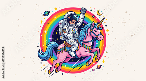Astronaut Riding Unicorn Cartoon Illustration with Rainbow Background – Fantasy Vector Art