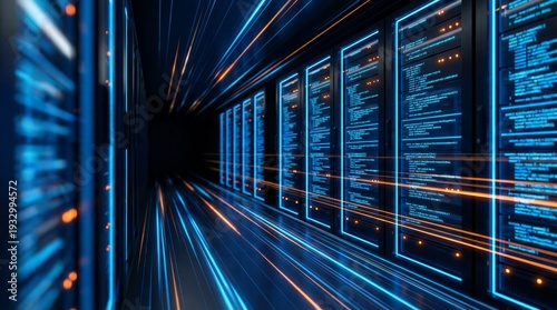 Rows of high-performance server racks displaying active data streams and illuminated blue code within a modern digital infrastructure environment.