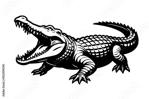 Striking black and white vector illustration of a ferocious alligator or crocodile with its jaws wide open, showcasing razor-sharp teeth. This powerful reptile graphic is perfect for bold logos, dynam