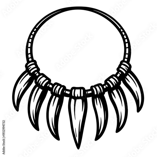 Primal tribal tooth necklace vector art. Sharp animal teeth on braided cord. Black and white line art doodle. Ancient warrior jewelry graphic. Primitive style accessory illustration. Jungle adventure