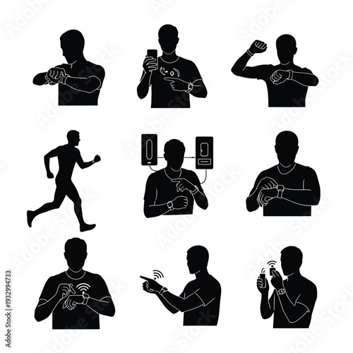 Man using smart watch for fitness tracking running checking phone and interacting