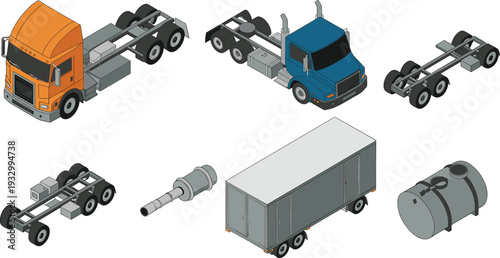 Isometric commercial truck chassis and trailer components set with semi cab frame cargo box and fuel tank illustration