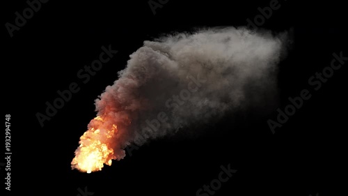 Fire trail with smoke on alpha channel. 3d animation of bright flame with dark smoke. Glowing fire with trailing smoke cloud. Heavy smoke and fire flow isolated. Realistic fire and thick smoke plume