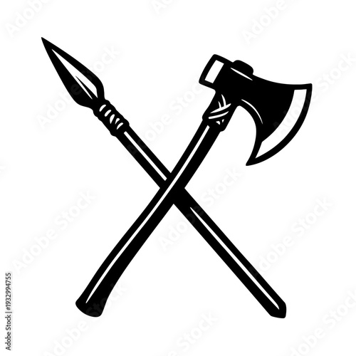 Emblematic design of ancient crossed weaponry: a sharp spear and a formidable axe, symbolizing strength, battle, and historical valor. Perfect for warrior-themed projects, logos, historical illustrati