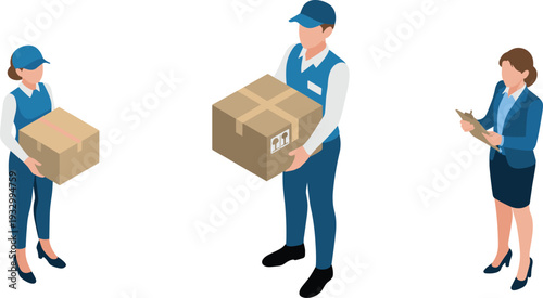Isometric delivery service illustration, courier team carrying cardboard boxes and businesswoman checking clipboard, logistics and shipping management concept