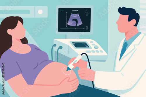 Pregnant Woman Undergoing Ultrasound by Doctor Illustration Creative Design Template 