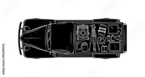 Overhead view of a car's interior with various controls and dashboard