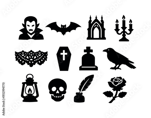 Gothic Romantic Icons. Solid vector icons of gothic romanticism: vampire, bat, gothic arch, candle holder, lace, coffin, tombstone