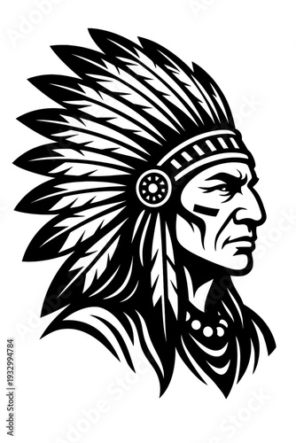 Dynamic Black & White Vector Profile of a Native American Indian Chief, adorned in a grand full feather war bonnet. This iconic indigenous leader's image symbolizes strength, wisdom, and heritage, ide