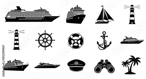 Collection of nautical themed silhouettes representing maritime transportation and travel.