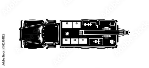 Top down view of vintage camper van interior layout