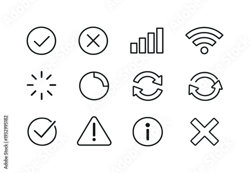 Line style icons of System status symbols: online, offline, signal, wifi; loading, progress, sync, refresh; success, warning,