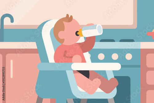 Cute Baby Drinking Milk Bottle While Sitting Illustration Creative Design Template 