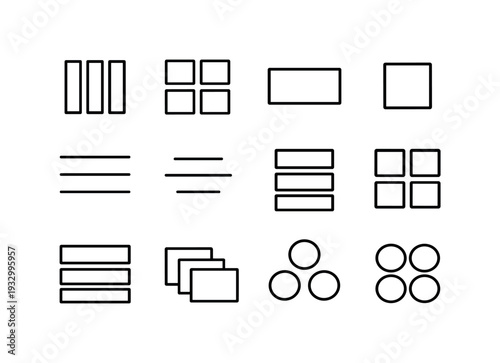 Minimalist Wireframe Icons. Line style vector icons of wireframe minimalism: wireframe, outline, box, border; column, module,