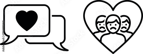 Illustration of a heart in a speech bubble and a group of people in a heart shape