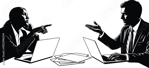 Two business people in stark silhouette argue across a table with laptops and scattered documents during a tense meeting.