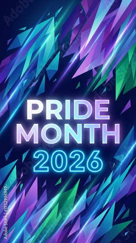 Geometric shards of blue, green, and purple with glowing text. It represents celebration and inclusivity for Pride Month 2026