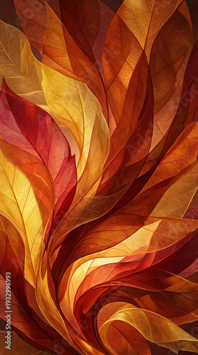 Close-up of colorful leaves in shades of red, yellow, and orange, layered in a dynamic design, representing autumn, warmth, and organic patterns