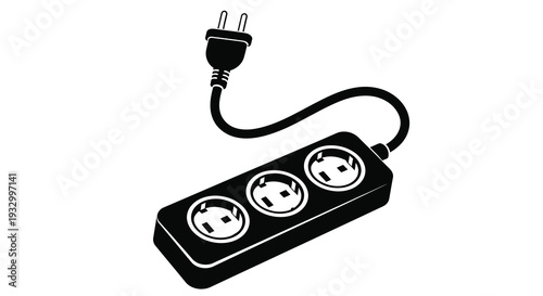 A black and white illustration depicts a power strip with four outlets and a connected plug a stark silhouette