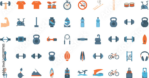Fitness and Sports Equipment Flat Icon Set with Dumbbell Kettlebell Bicycle Surfboard Stopwatch and Gym Training Symbols for Active Lifestyle Design.