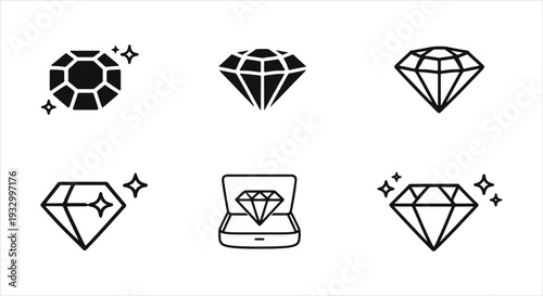 Set of Stylish Diamond Icons Symbolizing Brilliance, Wealth, and Enduring Value