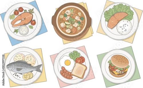 Illustration of six plated meals including grilled salmon, soup, rice, whole fish, breakfast plate, and hamburger, showcasing diverse cuisine, food presentation, and culinary variety