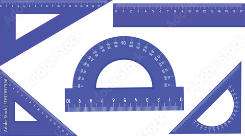 Blue protractor and ruler on geometric background for education and measurement tools