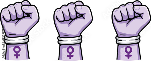 Stylized raised fist in light purple with female gender symbol tattoo and white sleeve in graphic vector style.