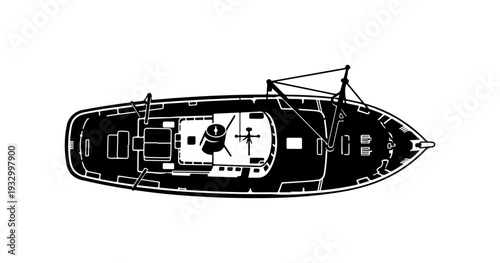 Luxury yacht top view with detailed deck layout