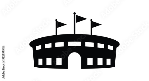 A stark black silhouette of a stadium with multiple flags waving atop its structure silhouette high quality professional detailed