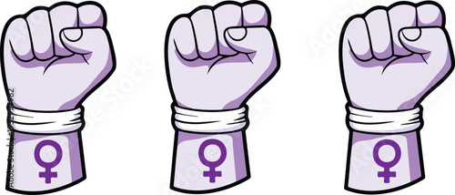 Stylized raised fist in light purple with female gender symbol tattoo and white sleeve in graphic vector style.