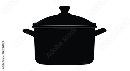 A striking black silhouette of a kitchen pot with handles and a fitted lid showcasing simple form silhouette