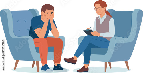 Minimalist therapy session illustration featuring counselor with clipboard and distressed young man seated in modern armchairs.