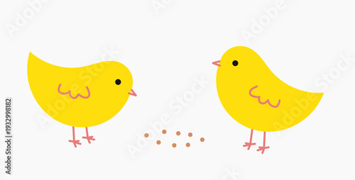 Cute Easter chicks feeding on grain. Funny Easter animals elements for design. Vector illustration.