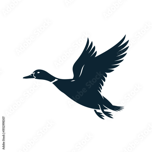A stylized illustration of a duck in mid flight wings fully extended