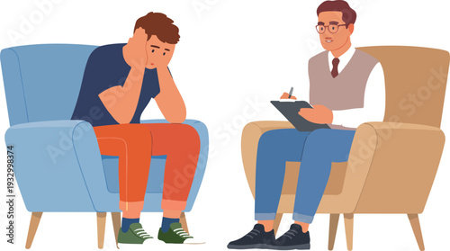 Minimalist therapy session illustration featuring counselor with clipboard and distressed young man seated in modern armchairs.