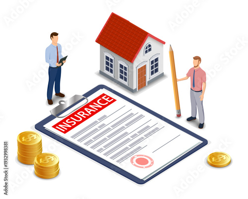 Real estate insurance agent and a client signing a contract. Isometric view isolated on a white background. Vector illustration.
