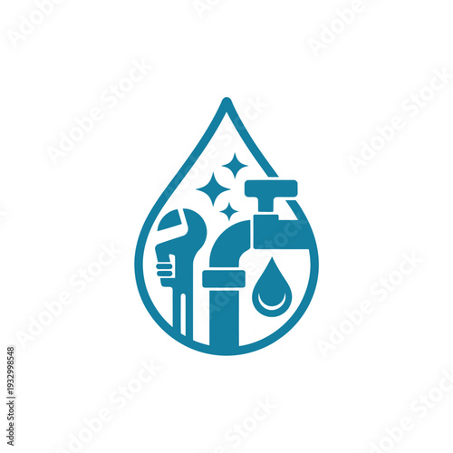 Plumbing services logo featuring a wrench faucet and water droplet
