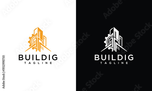 Modern Building Construction Gear Logo Design. Engineering Real Estate City Development Icon.